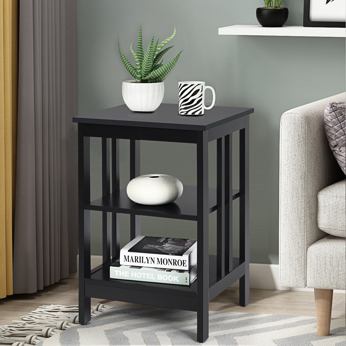 Nachtkastje – Bijzettafel – Opbergkastje – Endtable – Zwart – 3-laags met Veel Opbergruimte – Duurzaam MDF Met Beschermpads