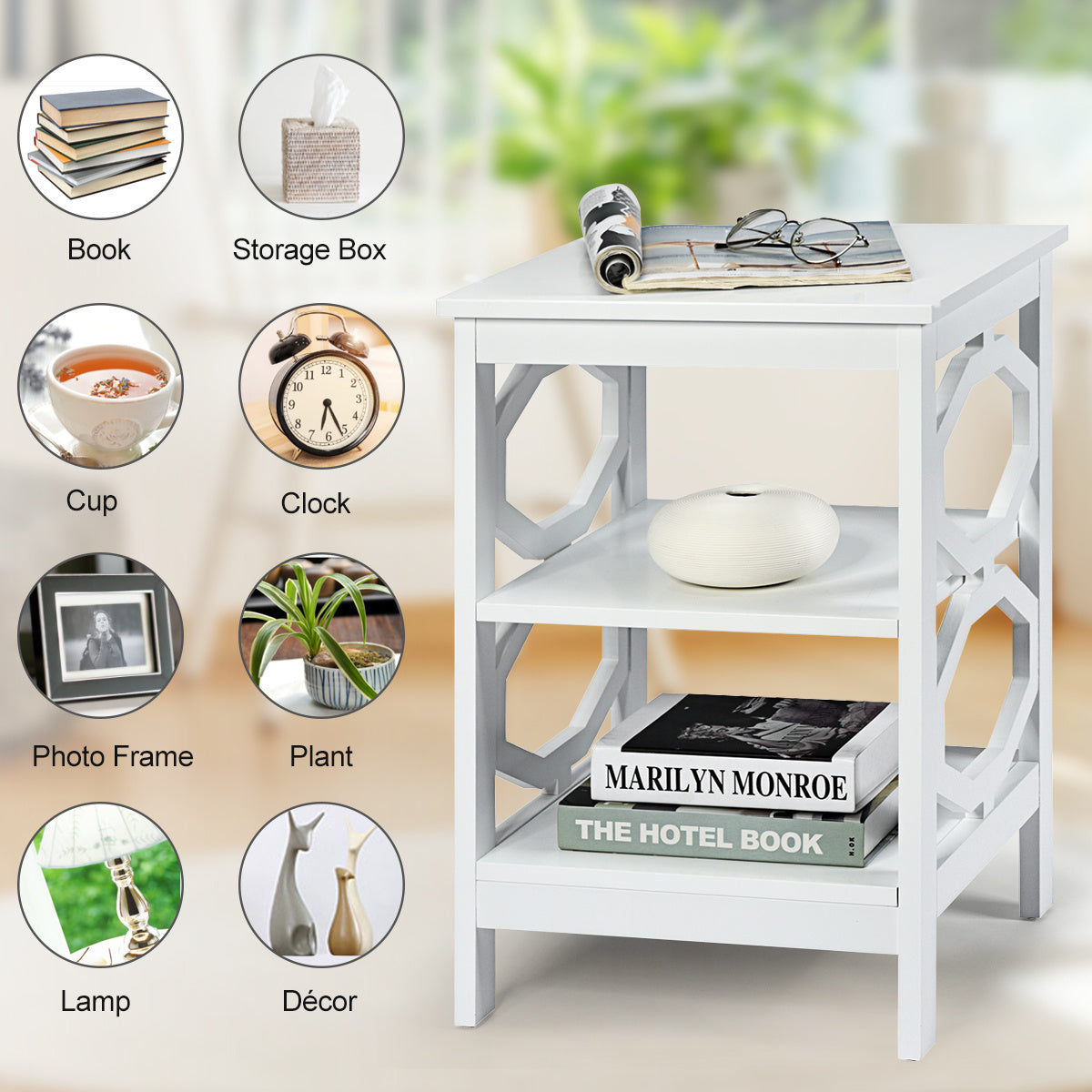 Nachtkastje – Bijzettafel – Zijkastje – Nachtkast – Opbergkastje – Set van 2 – Wit – Modern – 3-laags – MDF en Massief Hout – Waterbestendig – Krasbestendige Poten