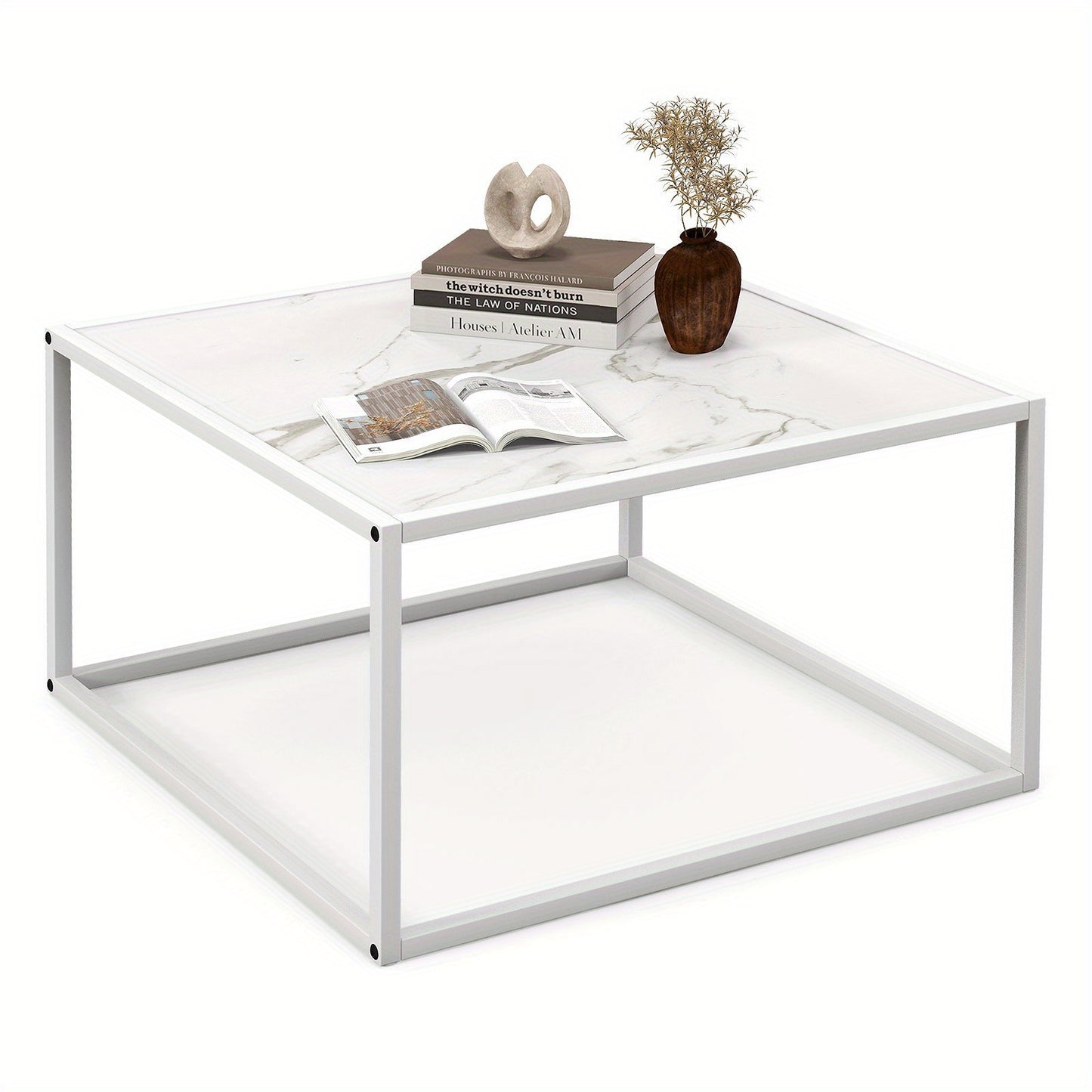 2-laags Salontafel – Koffietafel – Tafeltje – Sofa Tafel – Woonkamertafel – Marmeren Blad – Robuust Metalen Frame – Antislip Voetjes – 70x70x40 cm – Draagkracht 95 kg