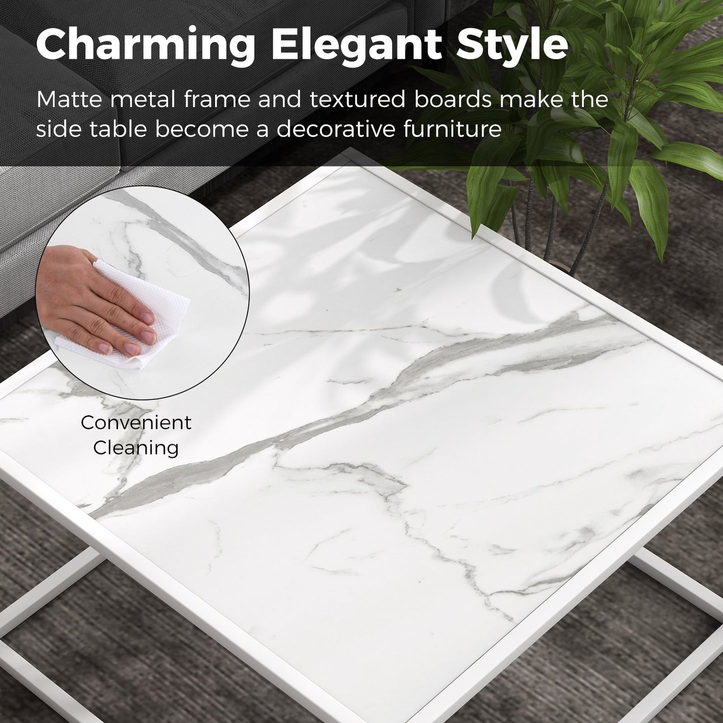 2-laags Salontafel – Koffietafel – Tafeltje – Sofa Tafel – Woonkamertafel – Marmeren Blad – Robuust Metalen Frame – Antislip Voetjes – 70x70x40 cm – Draagkracht 95 kg