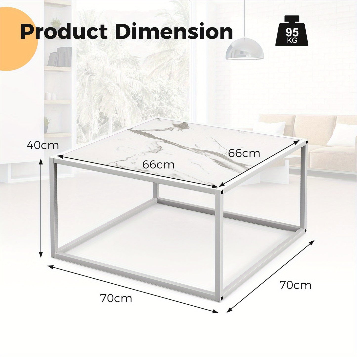 2-laags Salontafel – Koffietafel – Tafeltje – Sofa Tafel – Woonkamertafel – Marmeren Blad – Robuust Metalen Frame – Antislip Voetjes – 70x70x40 cm – Draagkracht 95 kg