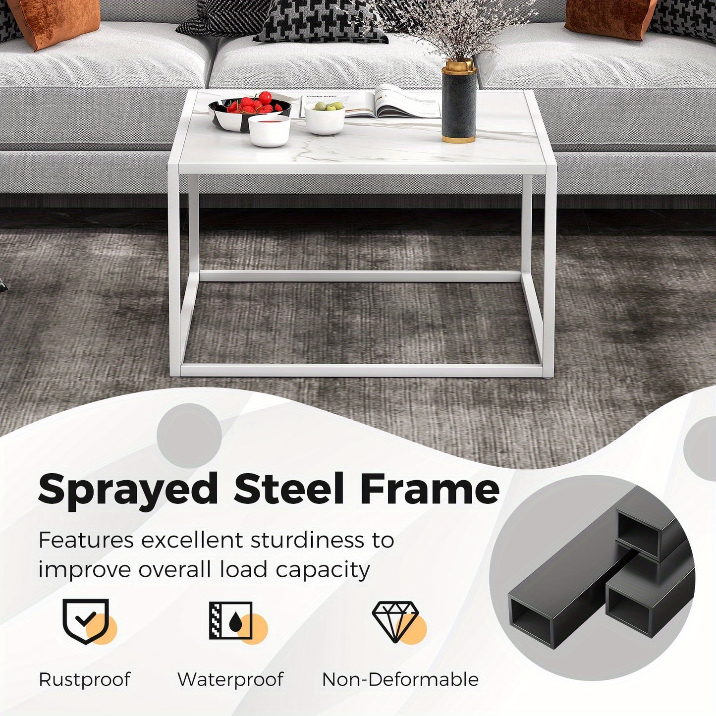 2-laags Salontafel – Koffietafel – Tafeltje – Sofa Tafel – Woonkamertafel – Marmeren Blad – Robuust Metalen Frame – Antislip Voetjes – 70x70x40 cm – Draagkracht 95 kg