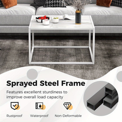 2-laags Salontafel – Koffietafel – Tafeltje – Sofa Tafel – Woonkamertafel – Marmeren Blad – Robuust Metalen Frame – Antislip Voetjes – 70x70x40 cm – Draagkracht 95 kg