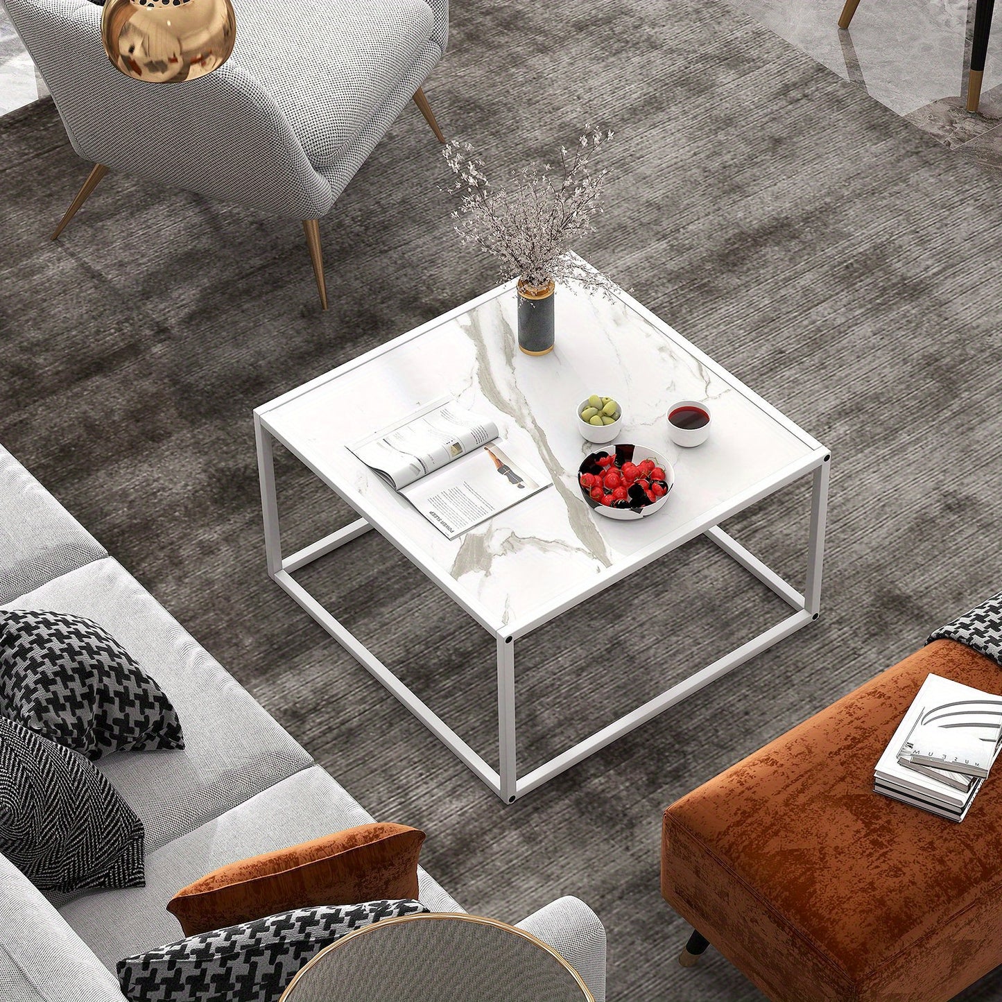 2-laags Salontafel – Koffietafel – Tafeltje – Sofa Tafel – Woonkamertafel – Marmeren Blad – Robuust Metalen Frame – Antislip Voetjes – 70x70x40 cm – Draagkracht 95 kg