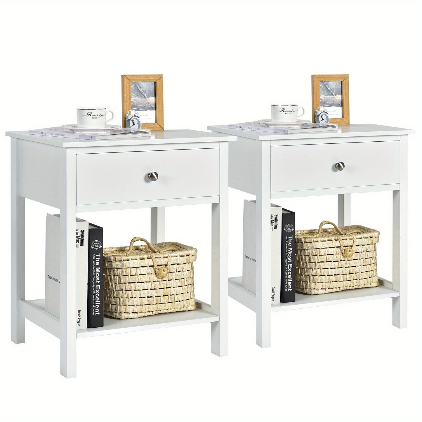 Nachtkastje – Bijzettafel – Ladekastje – Opbergkast – Slaapkamerkast – Wit – MDF Hout – Set van 2 – Compact ontwerp – Ruime laden en plank