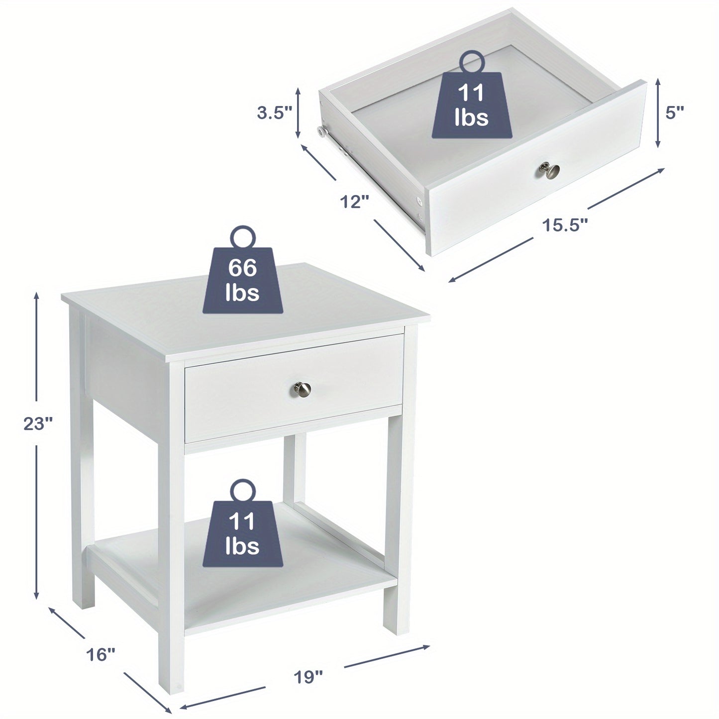 Nachtkastje – Bijzettafel – Ladekastje – Opbergkast – Slaapkamerkast – Wit – MDF Hout – Set van 2 – Compact ontwerp – Ruime laden en plank