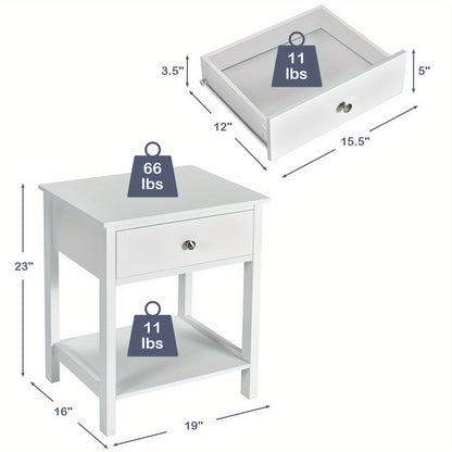 Nachtkastje – Bijzettafel – Ladekastje – Opbergkast – Slaapkamerkast – Wit – MDF Hout – Set van 2 – Compact ontwerp – Ruime laden en plank