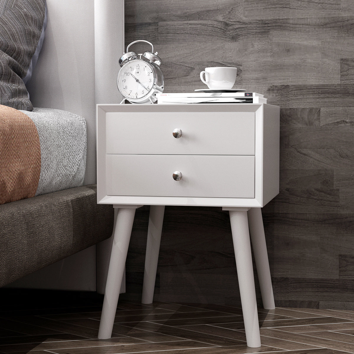 Nachtkastje – Bedside Table – Nachtkast – Opbergkastje – Wit Houten Model – 2 Ruime Lades – Duurzaam MDF Rubberhout – Compact 40x40x59,5 cm