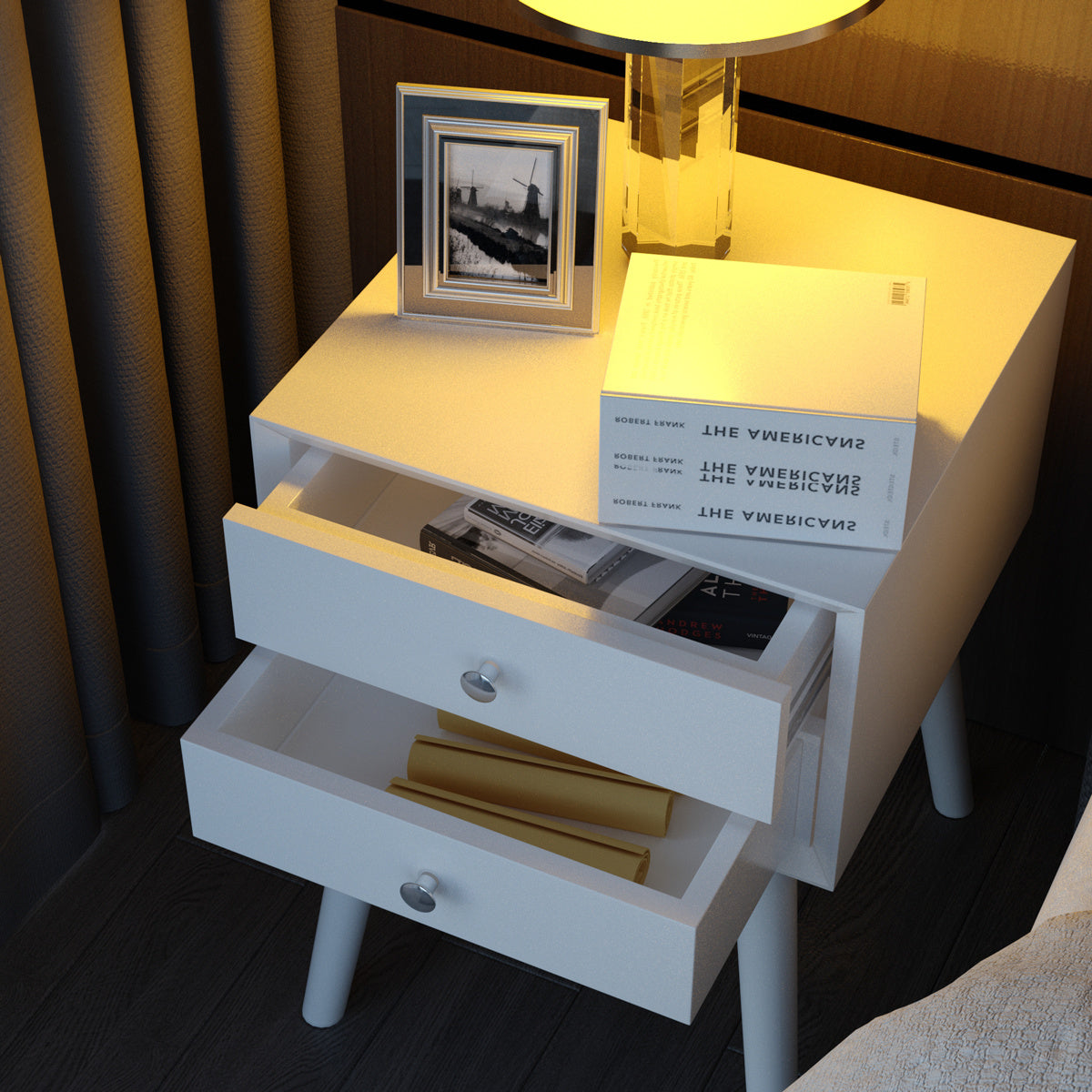 Nachtkastje – Bedside Table – Nachtkast – Opbergkastje – Wit Houten Model – 2 Ruime Lades – Duurzaam MDF Rubberhout – Compact 40x40x59,5 cm