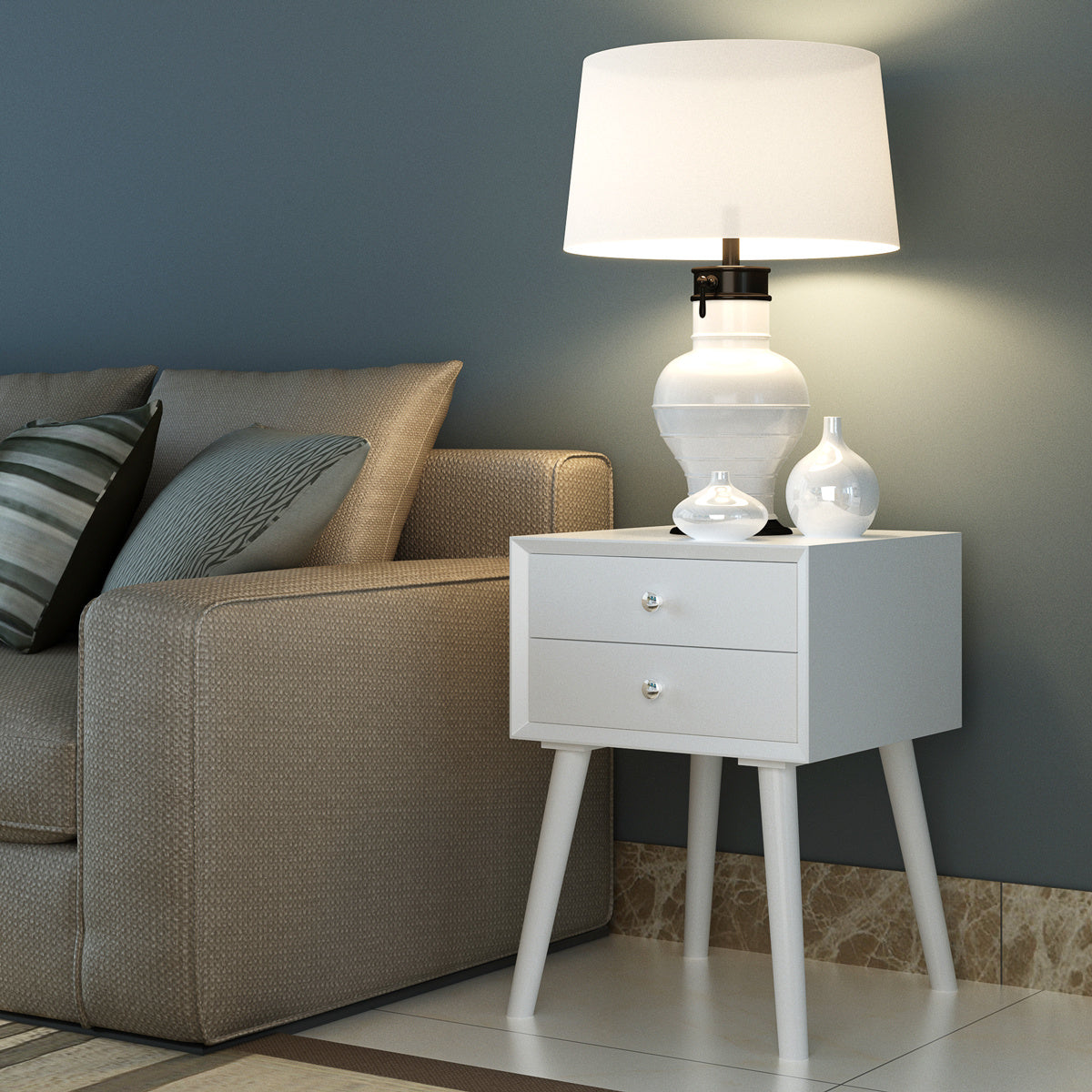 Nachtkastje – Bedside Table – Nachtkast – Opbergkastje – Wit Houten Model – 2 Ruime Lades – Duurzaam MDF Rubberhout – Compact 40x40x59,5 cm