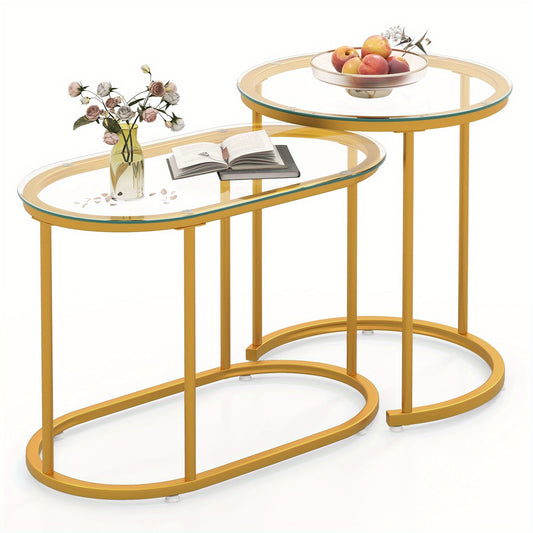 Nesting Coffee Table Set of 2 w/ Tempered Glass Tabletop Heavy-duty Metal Frame