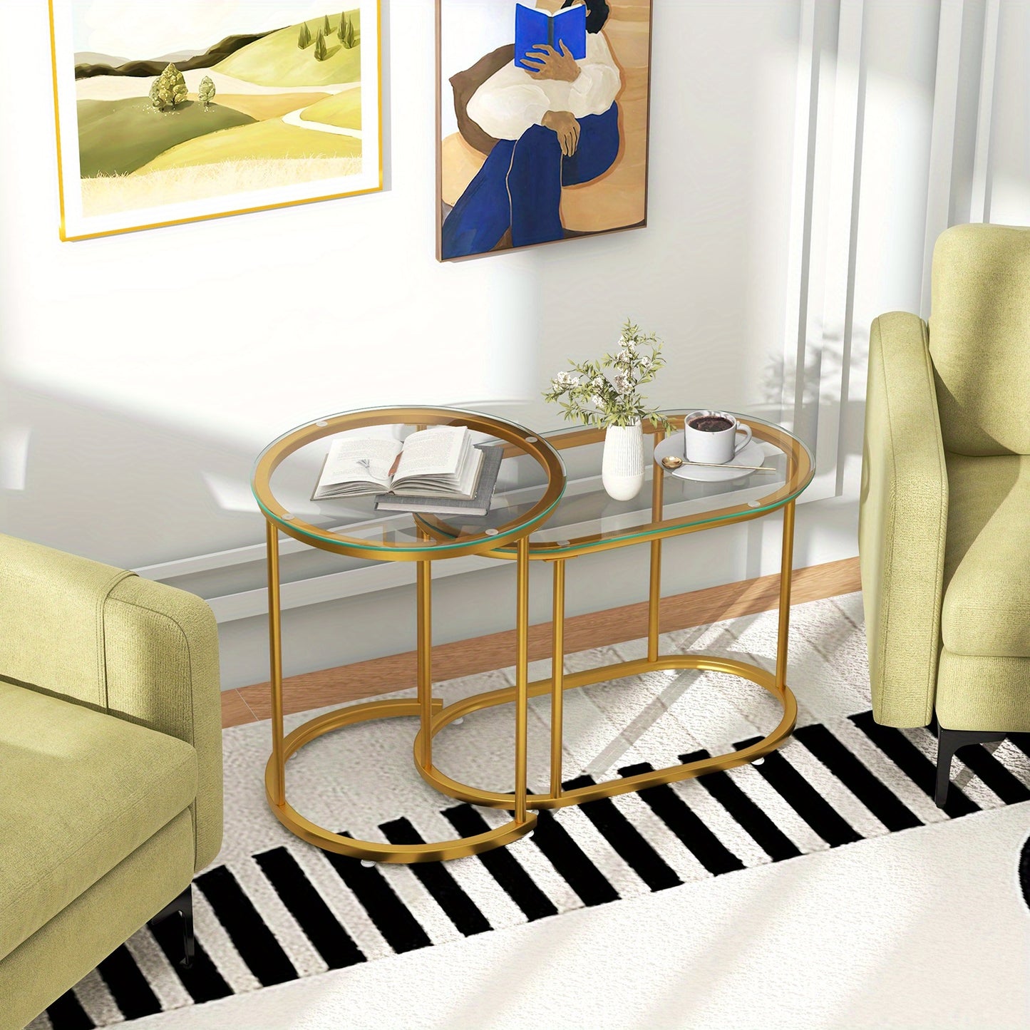 Salontafel – Nesttafel – Bijzettafel – Koffietafel – Sofa Tafel – Gouden Kleuren – Gehard Glas – Stevig Metalen Frame