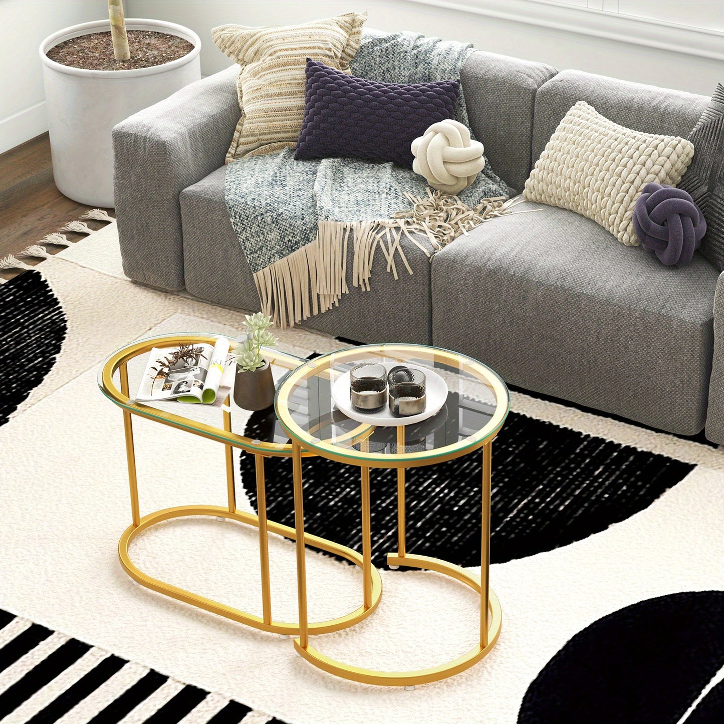 Salontafel – Nesttafel – Bijzettafel – Koffietafel – Sofa Tafel – Gouden Kleuren – Gehard Glas – Stevig Metalen Frame