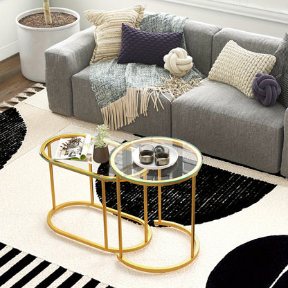 Salontafel – Nesttafel – Bijzettafel – Koffietafel – Sofa Tafel – Gouden Kleuren – Gehard Glas – Stevig Metalen Frame