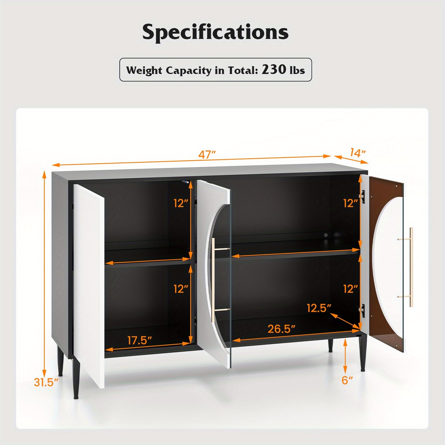 Dressoir – Opbergkast – Buffetkast – Ladekast – TV-meubel – Gehard Glazen Deuren – Verhoogde Metalen Poten