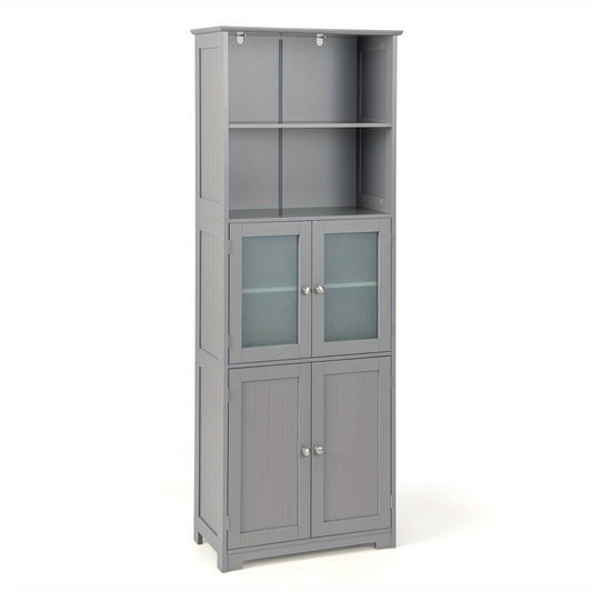 Badkamerkast – Hoge Kast – Opbergkast – Kolomkast – Wastafelonderkast – Grijs MDF – Tempered Glas – Verstelbare Planken – Anti-Kantel Veiligheid