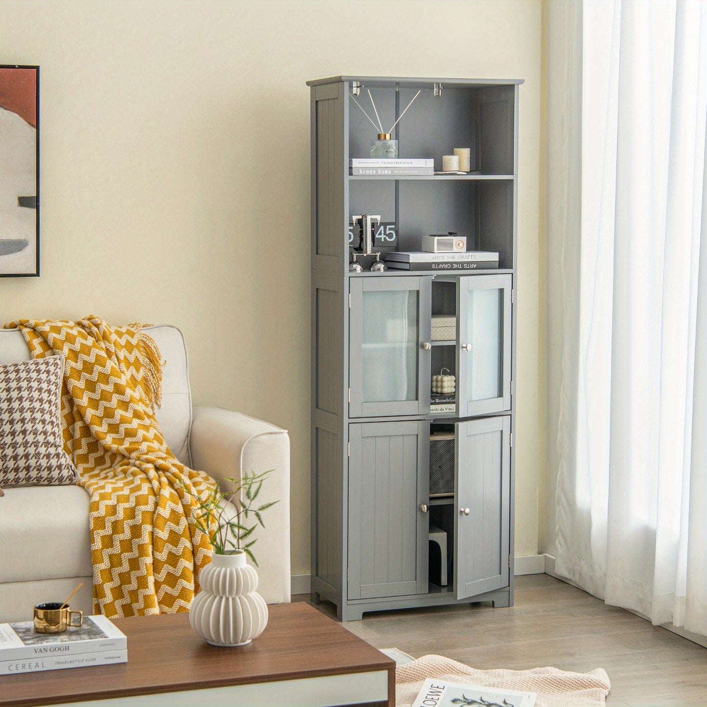 Badkamerkast – Hoge Kast – Opbergkast – Kolomkast – Wastafelonderkast – Grijs MDF – Tempered Glas – Verstelbare Planken – Anti-Kantel Veiligheid