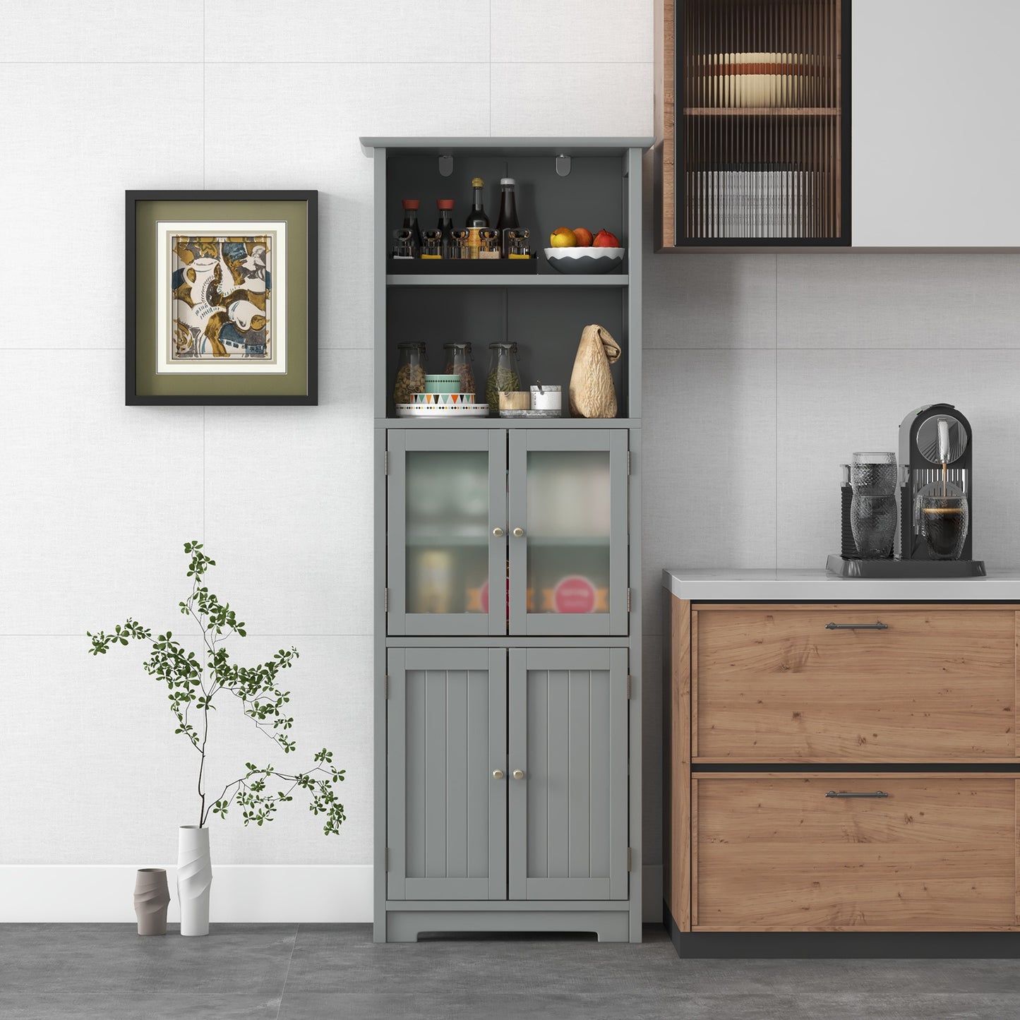 Badkamerkast – Hoge Kast – Opbergkast – Kolomkast – Wastafelonderkast – Grijs MDF – Tempered Glas – Verstelbare Planken – Anti-Kantel Veiligheid