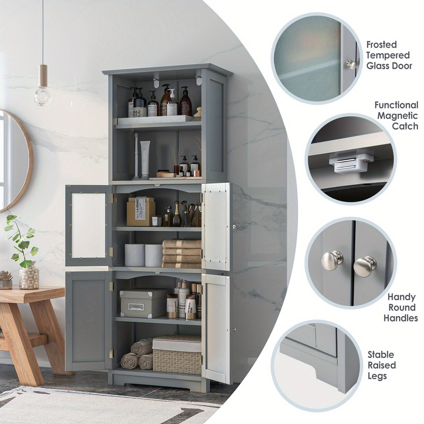 Badkamerkast – Hoge Kast – Opbergkast – Kolomkast – Wastafelonderkast – Grijs MDF – Tempered Glas – Verstelbare Planken – Anti-Kantel Veiligheid