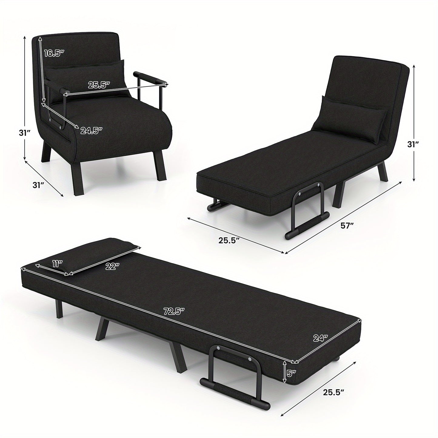 Slaapstoel – Slaapfauteuil – Ligstoel – Bedstoel – Loungestoel – 6 Verstelbare Posities – Zwart Linnenstof Met Comfortabel Kussen