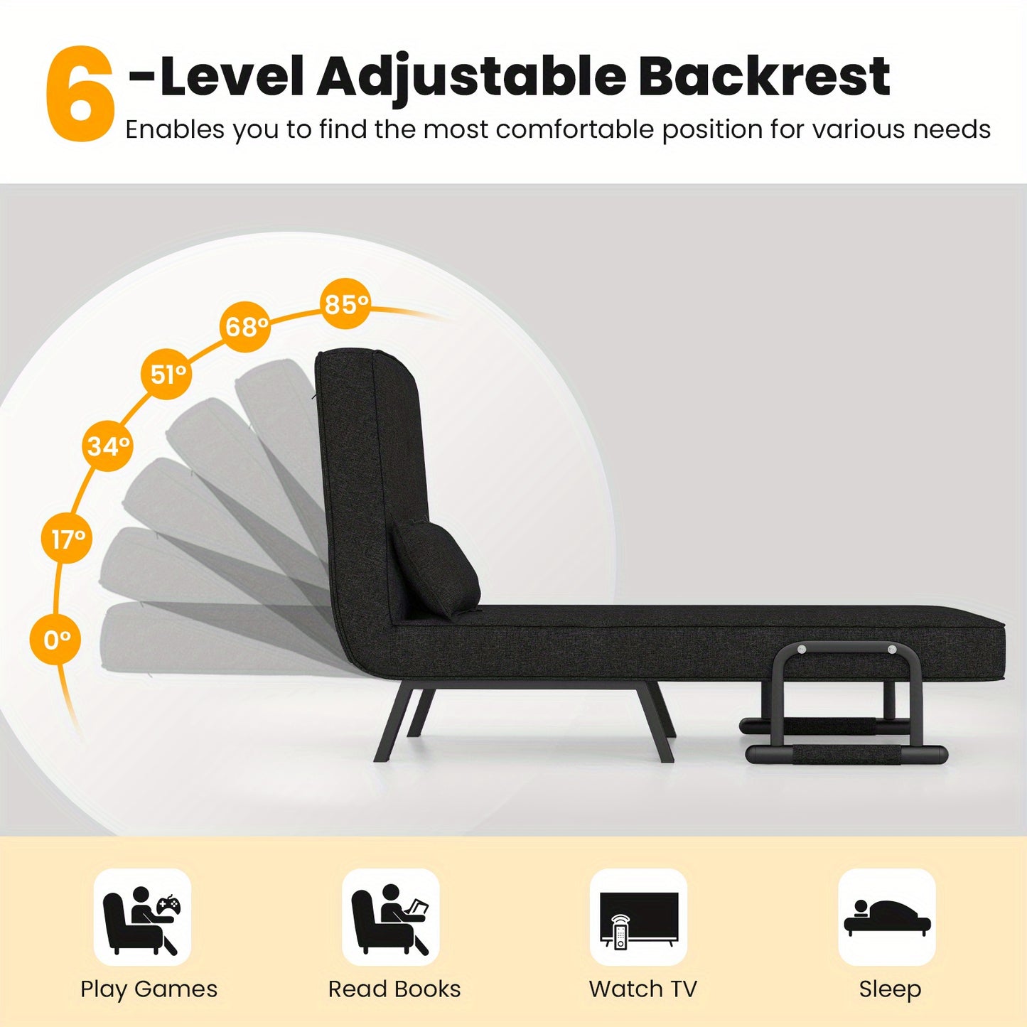 Slaapstoel – Slaapfauteuil – Ligstoel – Bedstoel – Loungestoel – 6 Verstelbare Posities – Zwart Linnenstof Met Comfortabel Kussen