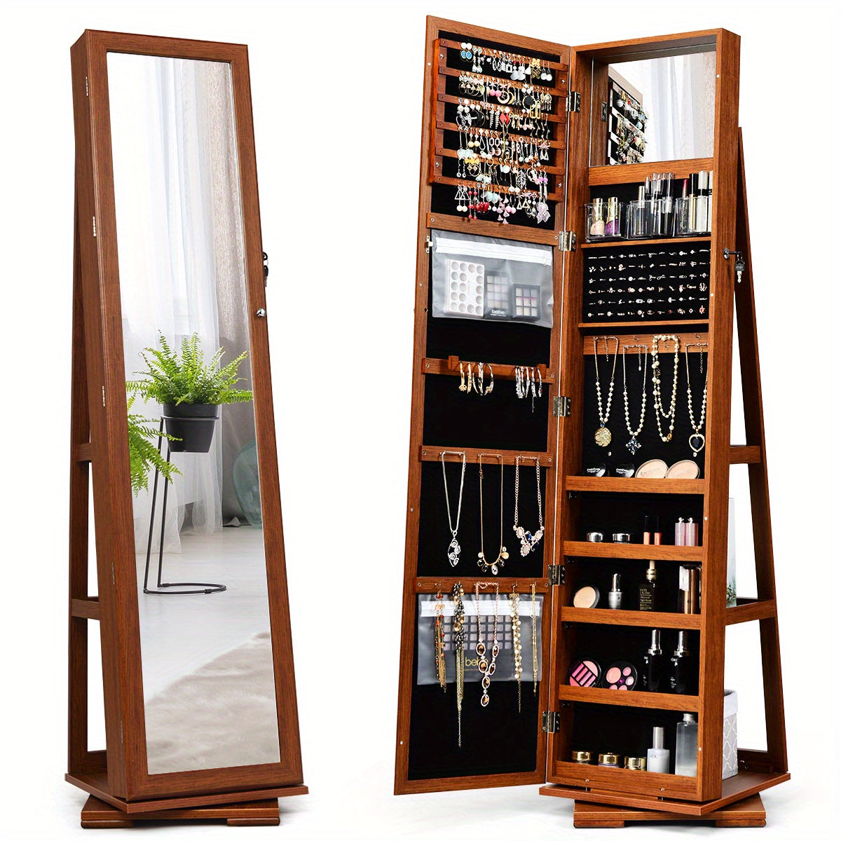 Draaibare Sieradekast – Sieradenkast – Opbergkast – Jewelry Organizer – Sieradenrek – 360° Draaibaar – Spiegeloppervlak en Slot – Bruin MDF met Velvet Binnenvoering