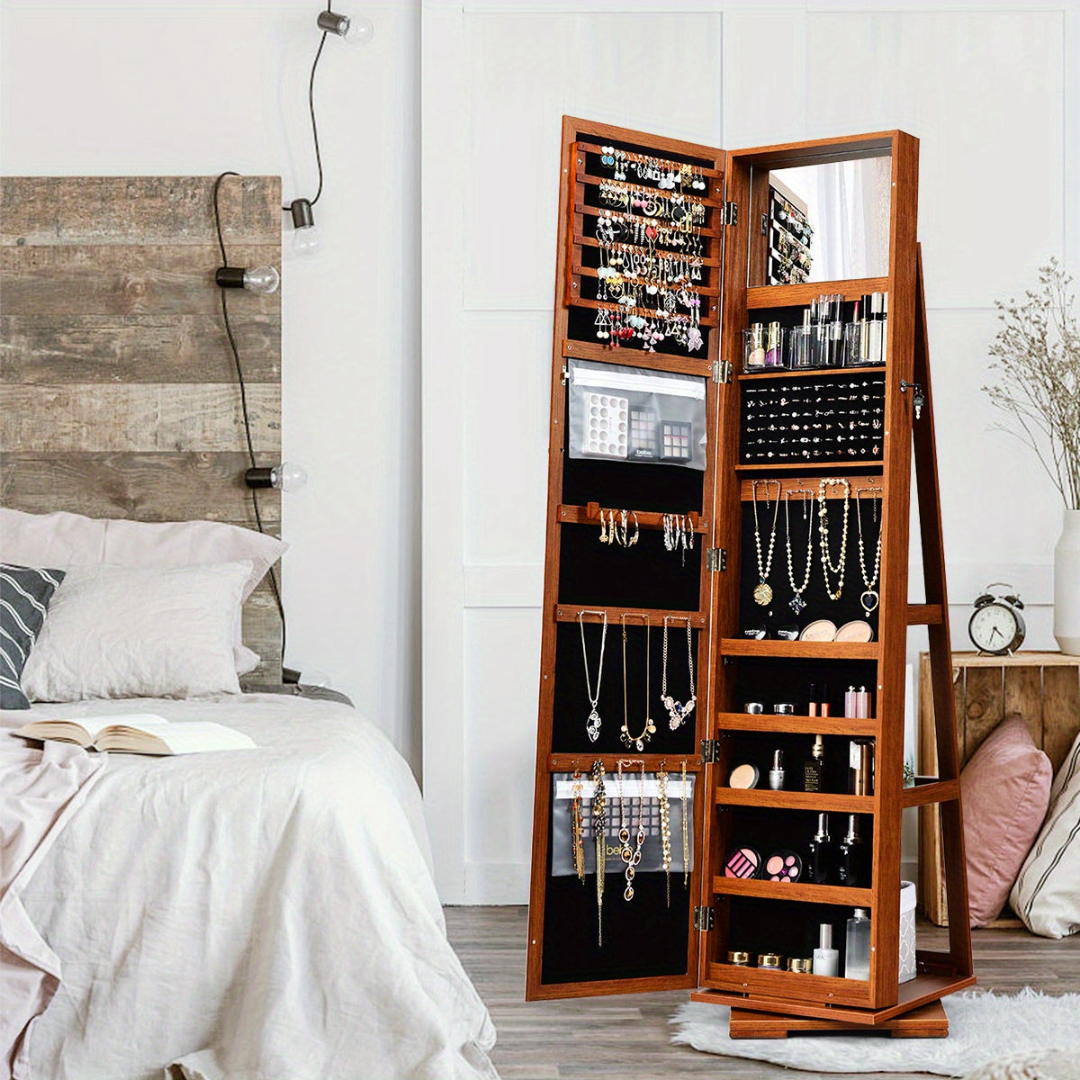 Draaibare Sieradekast – Sieradenkast – Opbergkast – Jewelry Organizer – Sieradenrek – 360° Draaibaar – Spiegeloppervlak en Slot – Bruin MDF met Velvet Binnenvoering