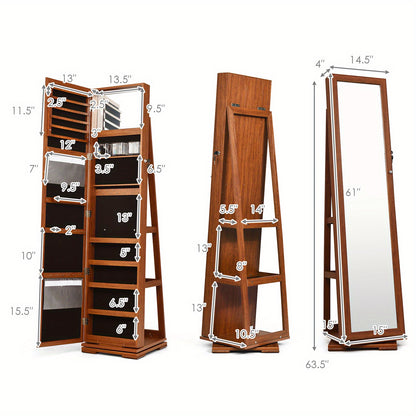 Draaibare Sieradekast – Sieradenkast – Opbergkast – Jewelry Organizer – Sieradenrek – 360° Draaibaar – Spiegeloppervlak en Slot – Bruin MDF met Velvet Binnenvoering