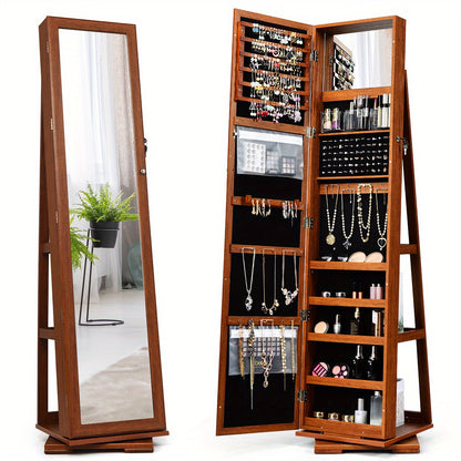 Draaibare Sieradekast – Sieradenkast – Opbergkast – Jewelry Organizer – Sieradenrek – 360° Draaibaar – Spiegeloppervlak en Slot – Bruin MDF met Velvet Binnenvoering