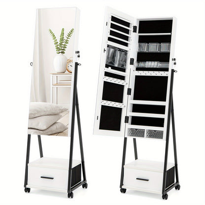 Jewelry Cabinet Armoire Full Length Mirror Lockable w/ Bottom Drawer & Wheels
