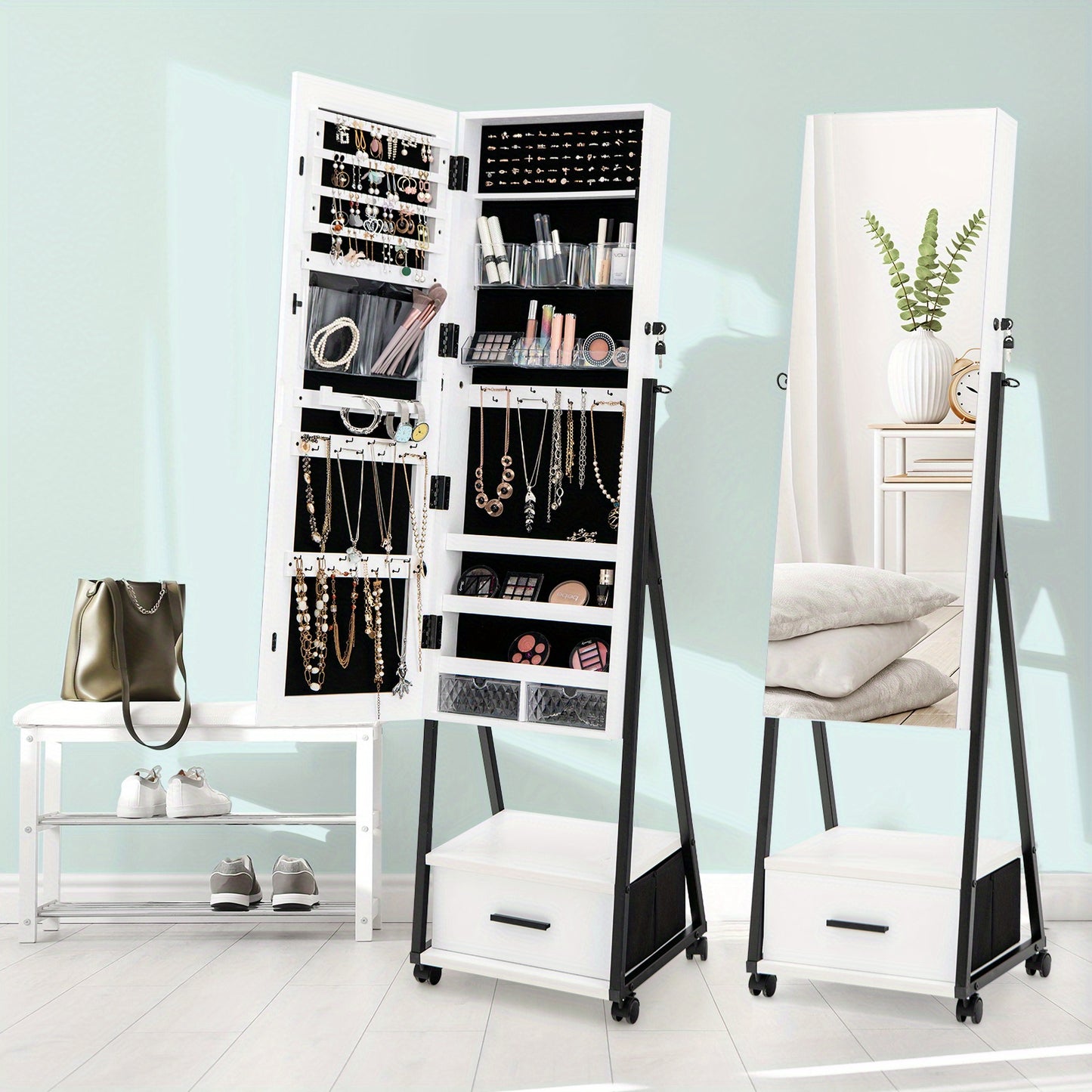Sieradekast – Sieradenkast – Juwelenkast – Opbergkast – Spiegelkast – Volledige Spiegel – Vergrendelbaar Met Lade En Wieltjes – Compact En Mobiel – Wit