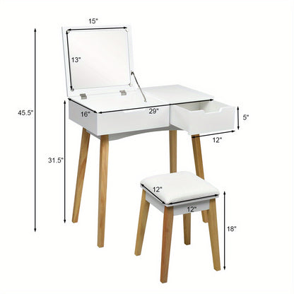 Kaptafel – Make-up Tafel – Opmmaaktafel – Cosmeticatafel – Dressing Table – Inklapbare Spiegel – Lade – MDF En Massief Hout – Inclusief Krukje