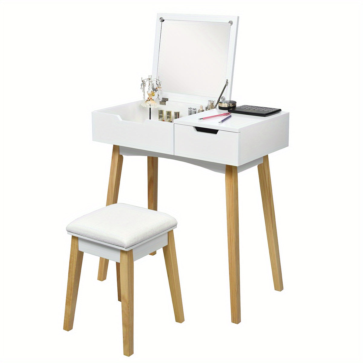 Kaptafel – Make-up Tafel – Opmmaaktafel – Cosmeticatafel – Dressing Table – Inklapbare Spiegel – Lade – MDF En Massief Hout – Inclusief Krukje