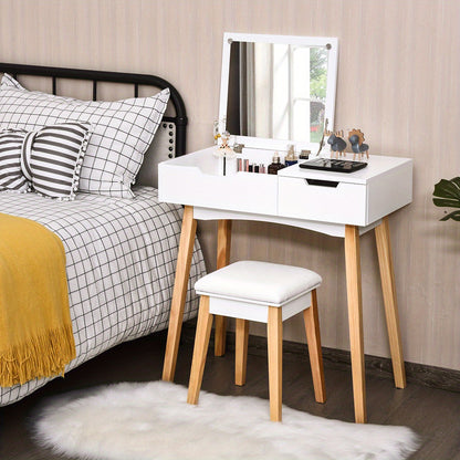 Kaptafel – Make-up Tafel – Opmmaaktafel – Cosmeticatafel – Dressing Table – Inklapbare Spiegel – Lade – MDF En Massief Hout – Inclusief Krukje