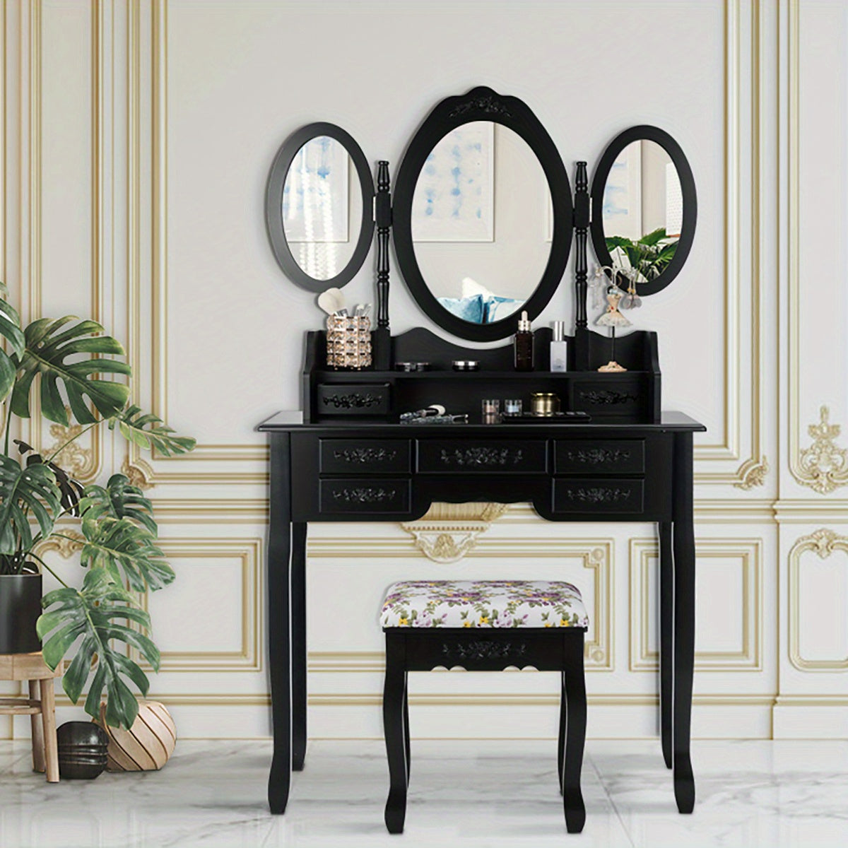 Kaptafel – Make-up Tafel – Cosmeticatafel – Dressing Table – Meubels – Zwarte Kaptafel Met Inklapbare Spiegel – 7 Lades En Gestoffeerde Kruk