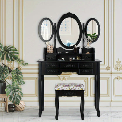 Kaptafel – Make-up Tafel – Cosmeticatafel – Dressing Table – Meubels – Zwarte Kaptafel Met Inklapbare Spiegel – 7 Lades En Gestoffeerde Kruk