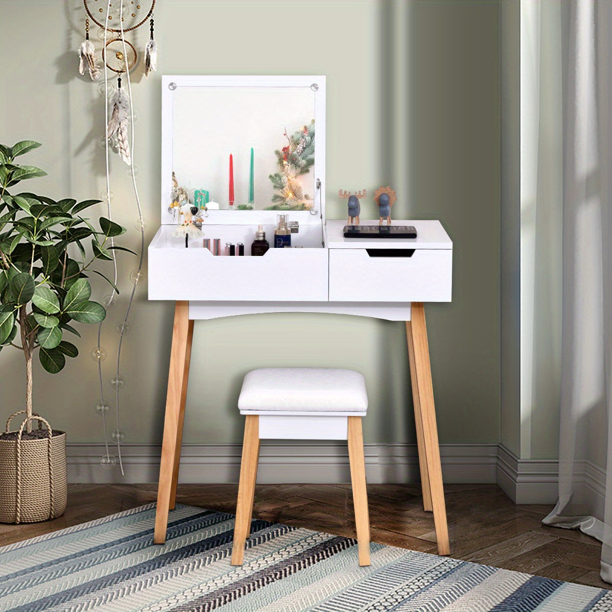 Kaptafel – Make-up Tafel – Opmmaaktafel – Cosmeticatafel – Dressing Table – Inklapbare Spiegel – Lade – MDF En Massief Hout – Inclusief Krukje