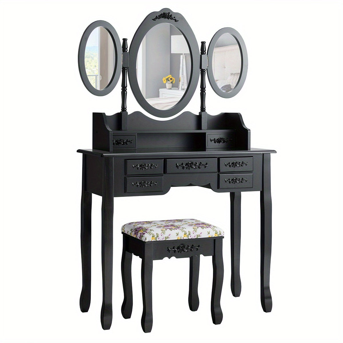 Kaptafel – Make-up Tafel – Cosmeticatafel – Dressing Table – Meubels – Zwarte Kaptafel Met Inklapbare Spiegel – 7 Lades En Gestoffeerde Kruk