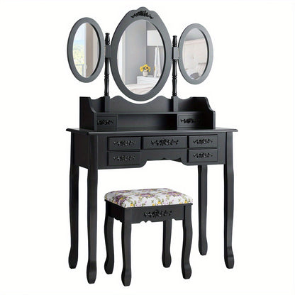 Kaptafel – Make-up Tafel – Cosmeticatafel – Dressing Table – Meubels – Zwarte Kaptafel Met Inklapbare Spiegel – 7 Lades En Gestoffeerde Kruk