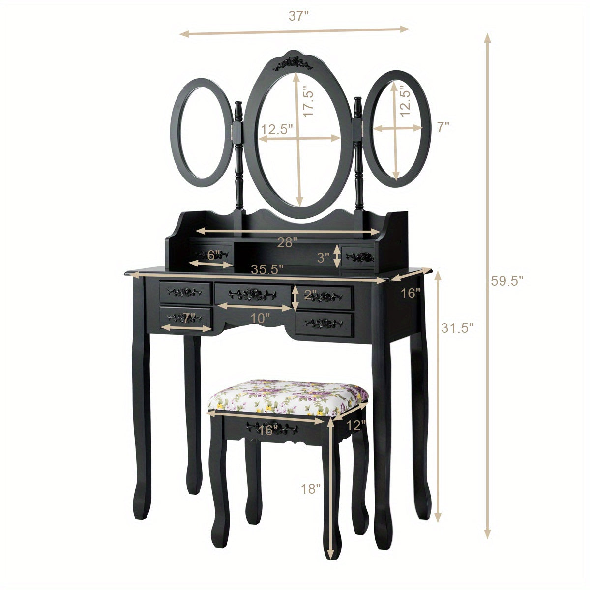 Kaptafel – Make-up Tafel – Cosmeticatafel – Dressing Table – Meubels – Zwarte Kaptafel Met Inklapbare Spiegel – 7 Lades En Gestoffeerde Kruk