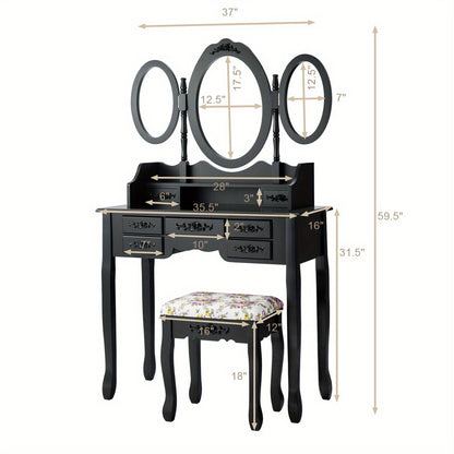 Kaptafel – Make-up Tafel – Cosmeticatafel – Dressing Table – Meubels – Zwarte Kaptafel Met Inklapbare Spiegel – 7 Lades En Gestoffeerde Kruk