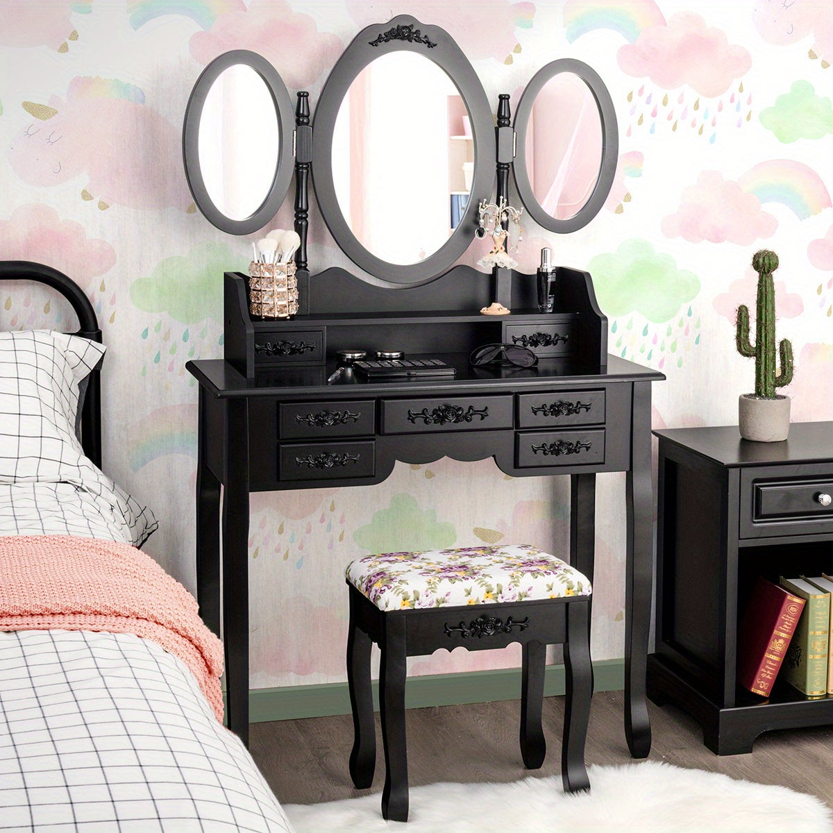 Kaptafel – Make-up Tafel – Cosmeticatafel – Dressing Table – Meubels – Zwarte Kaptafel Met Inklapbare Spiegel – 7 Lades En Gestoffeerde Kruk