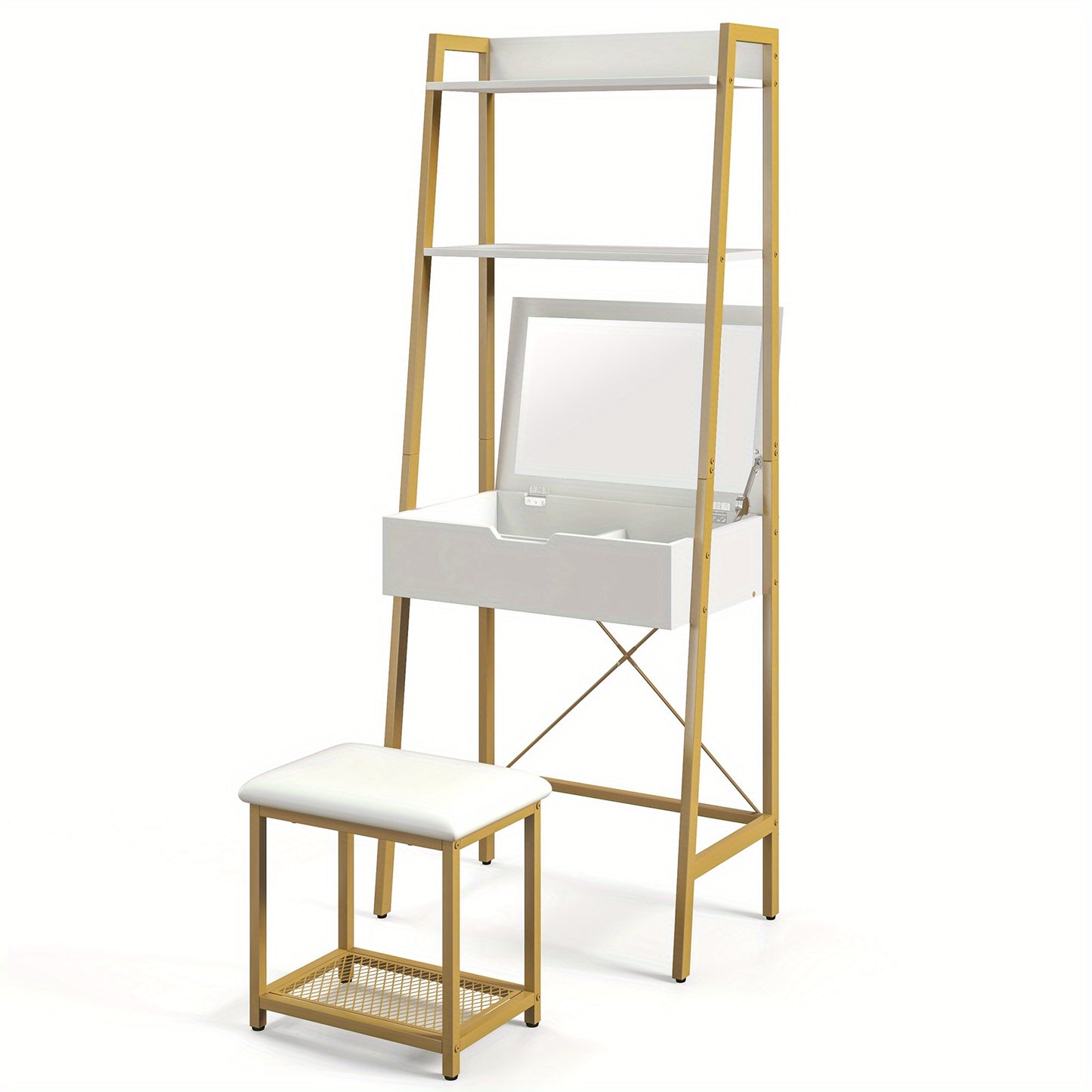 Make-up Tafel – Kaptafel – Vanity Tafel – Make-up Bureau – Opmaaktafel – Ladder Model – Wit Met Gouden Accenten – Inclusief Klapspiegel & Opbergvakken – Comfortabele Zachte Kruk