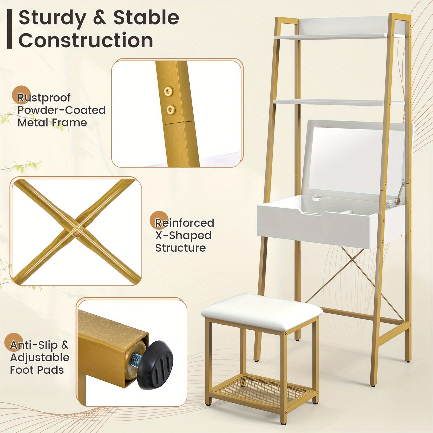 Make-up Tafel – Kaptafel – Vanity Tafel – Make-up Bureau – Opmaaktafel – Ladder Model – Wit Met Gouden Accenten – Inclusief Klapspiegel & Opbergvakken – Comfortabele Zachte Kruk