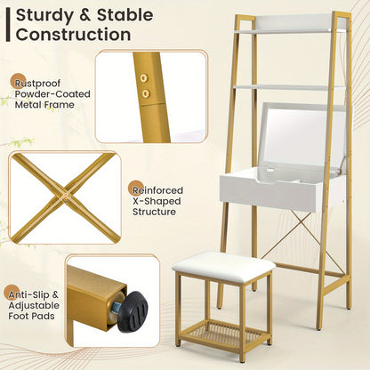 Make-up Tafel – Kaptafel – Vanity Tafel – Make-up Bureau – Opmaaktafel – Ladder Model – Wit Met Gouden Accenten – Inclusief Klapspiegel & Opbergvakken – Comfortabele Zachte Kruk
