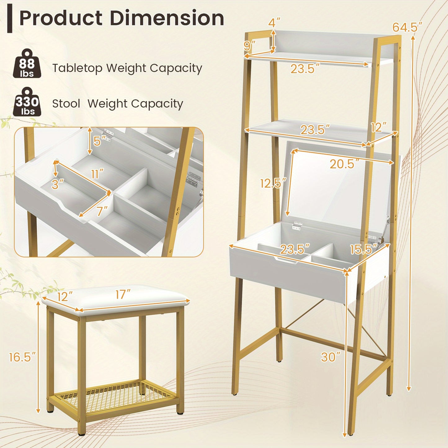 Make-up Tafel – Kaptafel – Vanity Tafel – Make-up Bureau – Opmaaktafel – Ladder Model – Wit Met Gouden Accenten – Inclusief Klapspiegel & Opbergvakken – Comfortabele Zachte Kruk