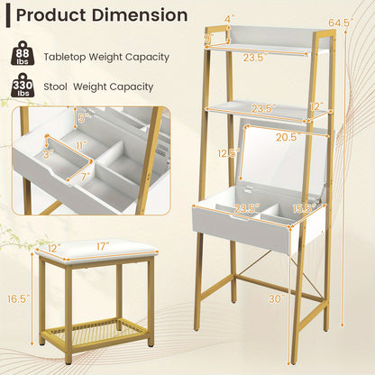 Make-up Tafel – Kaptafel – Vanity Tafel – Make-up Bureau – Opmaaktafel – Ladder Model – Wit Met Gouden Accenten – Inclusief Klapspiegel & Opbergvakken – Comfortabele Zachte Kruk