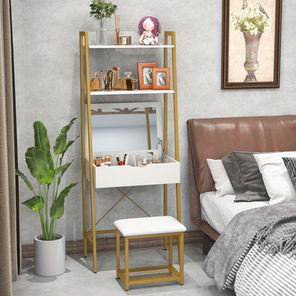 Make-up Tafel – Kaptafel – Vanity Tafel – Make-up Bureau – Opmaaktafel – Ladder Model – Wit Met Gouden Accenten – Inclusief Klapspiegel & Opbergvakken – Comfortabele Zachte Kruk