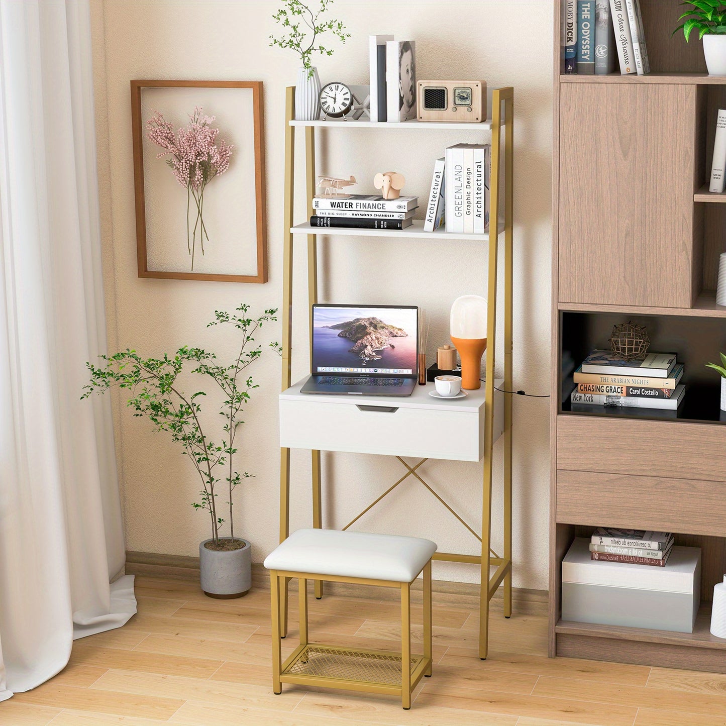 Make-up Tafel – Kaptafel – Vanity Tafel – Make-up Bureau – Opmaaktafel – Ladder Model – Wit Met Gouden Accenten – Inclusief Klapspiegel & Opbergvakken – Comfortabele Zachte Kruk