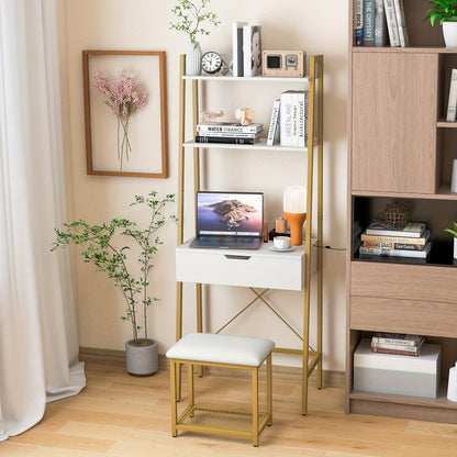 Make-up Tafel – Kaptafel – Vanity Tafel – Make-up Bureau – Opmaaktafel – Ladder Model – Wit Met Gouden Accenten – Inclusief Klapspiegel & Opbergvakken – Comfortabele Zachte Kruk